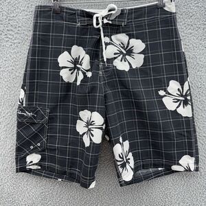 Panama Jack Mens 32 Black White‎ Floral Swim Trunks Board Shorts Hawaiian Island